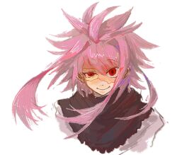 Rule 34 | 1boy, black capelet, capelet, chinese commentary, closed mouth, commentary request, hair intakes, highres, looking at viewer, male focus, nijou ryuu, no25inactivation, patchwork skin, pink hair, portrait, red eyes, saibou shinkyoku, short hair with long locks, simple background, smile, solo, uneven eyes, white background
