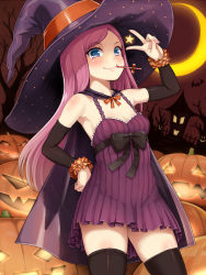 Rule 34 | 1girl, bat (animal), black thighhighs, blue eyes, blush, bow, breasts, cape, chemise, cleavage, crescent moon, halloween, hand on own hip, hat, jack-o&#039;-lantern, martel (artist), moon, original, purple eyes, smile, solo, star (symbol), thighhighs, v, witch hat, zettai ryouiki