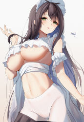 Rule 34 | 1girl, absurdres, arm up, azur lane, black hair, breasts, chinese commentary, cowboy shot, green eyes, highres, indomitable (azur lane), indomitable (ms. motivationless maid) (azur lane), large breasts, long hair, looking at viewer, maid, maid headdress, navel, open mouth, sidelocks, signature, simple background, solo, standing, stomach, underboob, unique (pixiv12704744), very long hair, white background, white legwear