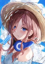 Rule 34 | 1girl, absurdres, bare shoulders, blue eyes, blue sky, blush, breasts, brown hair, closed mouth, cloud, collarbone, commentary request, day, eating, food, go-toubun no hanayome, hair between eyes, hat, headphones, headphones around neck, highres, holding, holding food, holding popsicle, long hair, looking at viewer, medium breasts, nakano miku, ocean, outdoors, popsicle, pout, raikun raikun, shirt, sky, solo, straw hat, sun hat, upper body, white shirt