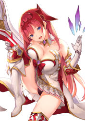 Rule 34 | 1girl, bare shoulders, black panties, blue eyes, blush, breasts, cleavage, commentary request, elbow gloves, gauntlets, gloves, godsworn alexiel, granblue fantasy, hair between eyes, hair ornament, hand up, head tilt, holding, holding weapon, knee up, large breasts, long hair, looking at viewer, open mouth, panties, red hair, revision, sitting, skirt, smile, solo, suzuame yatsumi, thighhighs, thighs, underwear, very long hair, weapon
