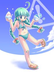 Rule 34 | 1girl, ahoge, bandaid, bandaid on knee, bandaid on leg, bikini, blue background, blue eyes, blunt bangs, blush, bow, braid, child, female focus, food, front-tie top, full body, green bikini, green hair, hair bow, hands up, holding, long hair, looking down, md5 mismatch, me-tan, open mouth, os-tan, outline, red bow, sandals, shaved ice, solo, swimsuit, tripping, twin braids, waka (sagi)
