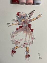 Rule 34 | 1girl, back bow, bat wings, blue hair, bow, closed mouth, collared shirt, commentary request, full body, hat, hat ribbon, highres, marker (medium), medium hair, mob cap, one eye closed, outstretched arms, photo (medium), puffy short sleeves, puffy sleeves, red bow, red eyes, red ribbon, remilia scarlet, ribbon, shiratama (hockey), shirt, short sleeves, signature, single wrist cuff, skirt, smile, solo, spread arms, touhou, traditional media, white footwear, white hat, white shirt, white skirt, wings, wrist cuffs
