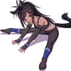 Rule 34 | 1girl, animal ears, black hair, black leggings, black sports bra, breasts, brown eyes, brown thoroughbred (kemono friends), cleavage, dark-skinned female, dark skin, elbow gloves, feet, fingerless gloves, flexible, gloves, horse ears, horse girl, horse tail, kemono friends, leaning forward, leggings, legs, legs apart, long hair, looking at viewer, navel, no shoes, pantyhose, ponytail, see-through, simple background, sitting, smile, solo, special cat, sports bra, spread legs, stretching, tail, thighs, toes, white background, wristband