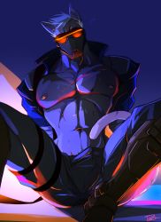 Rule 34 | 1boy, animal ears, arms behind back, blue background, bulge, cat ears, cat tail, covered face, jacket, kemonomimi mode, male focus, muscular, nipples, open clothes, open jacket, overwatch, overwatch 1, scar, signature, sitting, soldier: 76 (overwatch), solo, spread legs, sweat, tail, topless male, visor, white hair