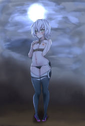 Rule 34 | 1girl, black panties, breasts, fate/apocrypha, fate/grand order, fate (series), jack the ripper (fate/apocrypha), looking at viewer, navel, outdoors, panties, silver hair, sky, solo, thighhighs, thong, underwear, wide hips