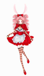 Rule 34 | 1girl, animal ears, apron, bad id, bad pixiv id, bell, rabbit ears, curly hair, gothic lolita, gothika, grimm&#039;s fairy tales, little red riding hood, little red riding hood (grimm), lolita fashion, long hair, pink hair, red eyes, ribbon, smile, solo, thighhighs, twintails