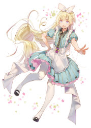 Rule 34 | 1girl, apron, blonde hair, blue dress, blue eyes, blush, braid, commentary request, dress, dsmile, french braid, full body, hair ribbon, hand on own hip, long hair, looking at viewer, original, pantyhose, pinafore dress, puffy short sleeves, puffy sleeves, revision, ribbon, short sleeves, sleeveless, sleeveless dress, smile, solo, striped clothes, striped dress, vertical-striped clothes, vertical-striped dress, very long hair, white pantyhose