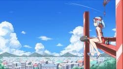 Rule 34 | 1girl, 2014, anime coloring, arm support, bare arms, bare legs, bare shoulders, blue eyes, blue hair, blue sky, blush, bottle, can, chinese clothes, cityscape, cloud, construction site, crane (machine), day, dudou, flag, flip-flops, foot dangle, from side, hair bobbles, hair ornament, hatsunatsu, headband, house, light smile, mountain, mountainous horizon, original, profile, red skirt, sandals, shovel, side-tie skirt, sitting, skirt, sky, solo, steel beam, twintails, worktool