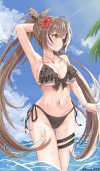 Rule 34 | 1girl, absurdres, arm up, armpits, bikini, black bikini, black bow, black hair, blue sky, blush, bow, bow bikini, bracelet, breasts, brown eyes, brown hair, cleavage, cloud, commentary, day, english commentary, feather hair ornament, feathers, flower, frilled bikini, frills, gluteal fold, hair flower, hair ornament, hibiscus, highres, hololive, hololive english, jewelry, large breasts, long hair, looking to the side, multicolored hair, nanashi mumei, navel, necklace, ocean, palm leaf, ponytail, red flower, rune hair ornament, side-tie bikini bottom, sky, smile, solo, standing, streaked hair, swimsuit, thigh strap, twitter username, underboob, varo 006, very long hair, virtual youtuber, wading, water, water drop, white hair