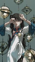 Rule 34 | 1girl, absurdres, black eyes, black hair, chinese clothes, closed mouth, dress, expressionless, globe, hands up, highres, long hair, original, solo, tuoer, twintails