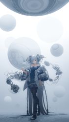 Rule 34 | 1girl, absurdly long hair, arm at side, bare shoulders, belt, black pantyhose, blue dress, blue eyes, blurry, blurry background, boots, breasts, chocoshi, closed mouth, cyborg, diagonal bangs, dress, film strip, floating, floating object, full body, gears, gradient background, hair ornament, highres, jacket, long hair, looking at viewer, mechanical parts, off-shoulder dress, off shoulder, orb, original, oversized clothes, pantyhose, reflection, reflective floor, reflective water, rotor, skyline, solo, very long hair, walking, white background, white hair, white jacket, wide sleeves