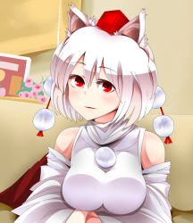 Rule 34 | 1girl, animal ears, bad id, bad pixiv id, bare shoulders, breasts, derivative work, detached sleeves, doge, female focus, hat, highres, inubashiri momiji, kaboom, kaboom (bunsyakaboom), large breasts, looking at viewer, lying, meme, on stomach, open mouth, pom pom (clothes), red eyes, short hair, silver hair, solo, tokin hat, touhou, wolf ears