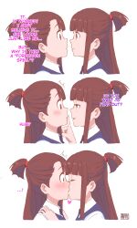 Rule 34 | 2girls, blush, brown hair, english text, eye contact, finger to mouth, hanamuko, highres, kagari atsuko, kiss, little witch academia, long hair, looking at another, multiple girls, red eyes, selfcest, watermark, yuri