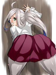 Rule 34 | 10s, 1girl, ahoge, asashimo (kancolle), ass, bad id, bad pixiv id, blouse, dress, green eyes, grey hair, hair over one eye, hand on wall, kantai collection, leaning forward, long hair, long sleeves, looking at viewer, looking back, maeda r44, multicolored hair, pantyhose, pleated skirt, ponytail, purple hair, purple pantyhose, school uniform, shirt, skirt, sleeveless, sleeveless dress, solo, teeth, white shirt