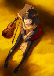 Rule 34 | 1girl, :o, autumn, autumn leaves, between legs, black hair, black pantyhose, blunt bangs, bow (music), brown footwear, coat, from above, full body, grass, hand between legs, highres, instrument, leaf, leaf on head, legs, long sleeves, looking up, nana mikoto, open mouth, original, pantyhose, pleated skirt, red skirt, scarf, shoes, short hair, skirt, solo, violin, winter clothes, yellow scarf