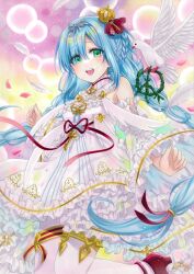 Rule 34 | 1girl, absurdres, azur lane, bare shoulders, bird, blue eyes, blue hair, collar, crown, detached collar, detached sleeves, dove, dress, frilled dress, frills, hair ribbon, highres, janus (azur lane), looking at viewer, marker (medium), mini crown, open mouth, red footwear, ribbon, smile, thighhighs, traditional media, whipberry, white collar, white dress, white ribbon, white thighhighs