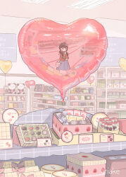 1girl absurdres bag balloon black_hair blue_skirt box box_of_chocolates candy chocolate finger_to_own_chin food heart heart_balloon highres indoors original pandamaaaan reflection reflection_focus shoulder_bag skirt solo stuffed_animal stuffed_panda stuffed_toy supermarket thinking twintails valentine wrapped_candy