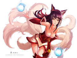 Rule 34 | 1girl, ahri (league of legends), animal ears, bare shoulders, black hair, breasts, character name, cleavage, detached sleeves, female focus, fire, fox ears, fox tail, highres, japanese clothes, league of legends, long hair, looking at viewer, medium breasts, mole, ross6410, simple background, smile, solo, strapless, tail, watermark, web address, white background, yellow eyes