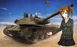 Rule 34 | 2girls, aircraft, artist request, blue eyes, brown hair, cloud, day, desert, grass, grey hair, helicopter, highres, mbt-70, military, military vehicle, motor vehicle, multiple girls, necktie, original, side ponytail, skirt, sky, tank