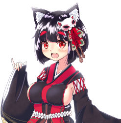 Rule 34 | 1girl, animal ear fluff, animal ears, azur lane, black hair, black kimono, blunt bangs, blush, breasts, cat ears, cat mask, fang, highres, japanese clothes, kimono, large breasts, looking at viewer, mask, mask on head, open mouth, red eyes, short hair, short kimono, sideboob, smile, solo, thick eyebrows, upper body, wide sleeves, yamashiro (azur lane)