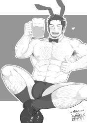 Rule 34 | 1boy, ^ ^, abs, absurdres, alcohol, animal ears, arm hair, bara, beard, beard stubble, beer, beer mug, bow, bowtie, bulge, chest hair, closed eyes, cup, detached collar, drunk, facial hair, greyscale, hairy, heart, highres, large pectorals, leg hair, male focus, male playboy bunny, mature male, monochrome, mug, muscular, muscular male, mustache stubble, navel, navel hair, niichi (niichi21), nipples, pectorals, rabbit ears, shoes, short hair, socks, solo, spoken heart, stubble, textless version, thick thighs, thighs, thumbs up, topless male, wrist cuffs, yarofes:2023