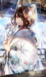 Rule 34 | 1girl, animal ears, black hair, flower, fox ears, highres, holding, holding flower, japanese clothes, kimono, long sleeves, looking at viewer, nail polish, original, otoufu (gotouhu), parted lips, red eyes, red nails, short hair, uchikake, wide sleeves