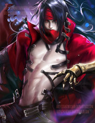 Rule 34 | 1990s (style), 1boy, black hair, cape, cowboy shot, final fantasy, final fantasy vii, gauntlets, glowing, glowing eyes, long hair, looking at viewer, male focus, male pubic hair, navel, nipples, open clothes, pubic hair, red cape, red eyes, sakimichan, solo, vincent valentine, watermark, web address