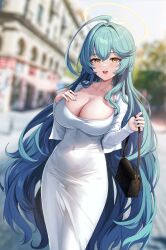 Rule 34 | 1girl, absurdres, ahoge, alternate costume, bag, blue archive, blush, breasts, cleavage, day, dongtan dress, dress, green hair, gwinggwing, hair between eyes, halo, highres, large breasts, long hair, long sleeves, looking at viewer, meme attire, open mouth, outdoors, smile, solo, white dress, yellow eyes, yellow halo, yume (blue archive)