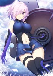Rule 34 | 1girl, armor, armored dress, bare shoulders, black dress, black thighhighs, blush, breasts, closed mouth, cowboy shot, dress, elbow gloves, fate/grand order, fate (series), gloves, grass, hair over one eye, highres, large breasts, light purple hair, looking at viewer, mash kyrielight, navel, petals, purple eyes, purple gloves, shield, short hair, smile, solo, standing, thighhighs, yuzu modoki