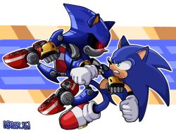 Rule 34 | 2boys, animal ears, armor, battle, blue armor, blue fur, clenched hand, fake animal ears, from side, furry, furry male, gloves, glowing, glowing eyes, green eyes, highres, joints, metal sonic, multiple boys, over x6, punching, red eyes, red footwear, robot, robot joints, sonic (series), sonic the hedgehog, white gloves