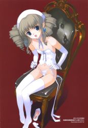 Rule 34 | 00s, 1girl, blue eyes, brown hair, chair, choker, corset, drill hair, earrings, elbow gloves, embarrassed, flat chest, gloves, hairband, high heels, highres, iron princess ymir, jewelry, lingerie, mibu natsuki, navel, open mouth, panties, panty lift, queen&#039;s blade, shoes, side-tie panties, sitting, solo, surprised, thighhighs, underwear, undressing, untied panties, white panties, ymir (queen&#039;s blade), ymir (queen's blade)