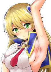 Rule 34 | 1girl, arm up, armpits, blazblue, blazblue: chronophantasma, blonde hair, blush, breasts, capelet, closed mouth, gloves, green eyes, hair between eyes, hair ornament, long hair, looking at viewer, necktie, noel vermillion, red necktie, sayoi, sideboob, small breasts, solo, sweat, upper body, white gloves