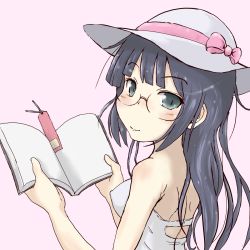 Rule 34 | 1girl, aqua eyes, bare arms, bare shoulders, black hair, blunt bangs, blush, book, bookmark, bow, breasts, covered erect nipples, dress, glasses, haru (springtree), hat, hat bow, hat ribbon, highres, long hair, looking at viewer, medium breasts, original, ribbon, smile, solo, sun hat, sundress, white dress