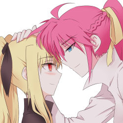 Rule 34 | 2girls, bad id, bad pixiv id, blonde hair, blue eyes, blush, eye contact, face-to-face, fate testarossa, forehead-to-forehead, hair ribbon, heads together, height difference, leaning forward, long hair, looking at another, lyrical nanoha, mahou shoujo lyrical nanoha, mahou shoujo lyrical nanoha a&#039;s, multiple girls, pink hair, ponytail, red eyes, ribbon, shumai (sm318), signum, smile, twintails, yuri