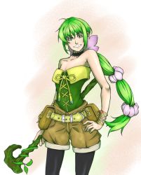 Rule 34 | 1girl, armlet, bare shoulders, belt, black choker, bow, bracelet, braid, choker, commentary request, gold trim, green eyes, green hair, hair bow, hair ribbon, highres, jewelry, lace-trim, lace-trimmed choker, lace trim, pantyhose under shorts, long hair, looking at viewer, mollita, multi-tied hair, open mouth, pantyhose, ribbon, saga, saga frontier, saga frontier 2, shorts, single braid, smile, solo, virginia knights