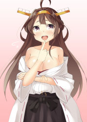 Rule 34 | 10s, 1girl, bad id, bad pixiv id, bare shoulders, black eyes, breasts, brown hair, cleavage, double bun, hairband, kankitsunabe (citrus), kantai collection, kongou (kancolle), large breasts, long hair, nontraditional miko, open mouth, ribbon-trimmed sleeves, ribbon trim, solo