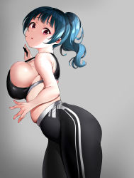 Rule 34 | 10s, 1girl, :o, alternate breast size, alternate hairstyle, black pants, black tank top, blue hair, breasts, breasts squeezed together, from side, high-waist pants, highres, huge breasts, lips, looking at viewer, love live!, love live! sunshine!!, midriff, on wall, pants, parted bangs, parted lips, ponytail, purple eyes, shadow, sideboob, skindentation, solo, standing, sweat, tank top, tem10, thighs, tsushima yoshiko, yoga pants