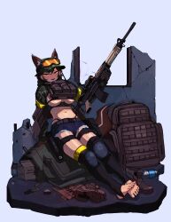Rule 34 | 1girl, absurdres, animal ears, armband, backpack, bag, benditnow, bikini, bikini top only, black thighhighs, blush, breasts, callisto (greyeth), camouflage, camouflage headwear, camouflage jacket, colt canada c7, combat helmet, commission, denim, denim shorts, field ration, fox ears, fox tail, goggles, goggles on headwear, helmet, highres, jacket, original, second-party source, shorts, swimsuit, tail, thighhighs, underboob, variant set