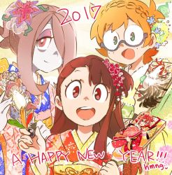 Rule 34 | 10s, 2017, 3girls, alternate hairstyle, bird, chicken, chinese zodiac, eyeshadow, female focus, flower, glasses, hagoita, hair flower, hair ornament, hair over one eye, hmng, japanese clothes, kagari atsuko, kimono, little witch academia, looking at viewer, lotte jansson, makeup, multiple girls, mushroom, new year, open mouth, paddle, round teeth, semi-rimless eyewear, shiny chariot, smile, sucy manbavaran, teeth, year of the rooster