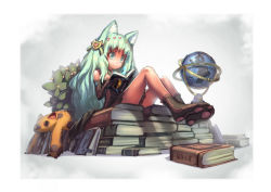 Rule 34 | 1girl, animal ears, animal hands, bad id, bad pixiv id, book, book stack, cat ears, elbow gloves, globe, gloves, green eyes, green hair, holding, holding book, long hair, matching hair/eyes, observerz, open book, open mouth, original, reading, short hair, sitting, smile, solo, too many, too many books