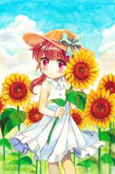 Rule 34 | 1girl, aqua bow, blue sky, blush, bow, brown hair, cloud, cloudy sky, collared dress, copyright request, dress, feet out of frame, flower, hat, hat bow, highres, leaf, long hair, looking at viewer, mojacookie, red eyes, signature, sky, sleeveless, sleeveless dress, solo, sunflower, twintails, white dress, yellow flower