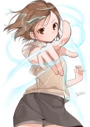 Rule 34 | 1girl, absurdres, bad id, bad twitter id, black skirt, brown eyes, brown hair, coin, commentary request, cowboy shot, dated, electricity, electrokinesis, foreshortening, gotou (nekocat), highres, holding, holding coin, miniskirt, misaka mikoto, pointing, pointing at viewer, shirt, short hair, signature, simple background, skirt, solo, standing, toaru kagaku no railgun, toaru majutsu no index, vest, white background, white shirt