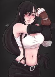 Rule 34 | 1girl, artist logo, artist name, bare shoulders, belt, belt buckle, black background, black hair, black skirt, blush, breasts, buckle, cleavage, crossed arms, elbow gloves, elbow pads, final fantasy, final fantasy vii, fingerless gloves, gloves, hair between eyes, half-closed eyes, highres, lips, long hair, looking at viewer, medium breasts, midriff, navel, nose blush, parted lips, pencil skirt, red eyes, red pupils, shirt, simple background, skirt, sleeveless, sleeveless shirt, smile, solo, standing, stomach, stretching, suspender skirt, suspenders, sweat, tabletorgy, tank top, taut clothes, taut shirt, tifa lockhart, upper body, very long hair, white shirt