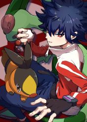 Rule 34 | 1boy, black gloves, blue hair, blue pants, bright pupils, commentary request, creatures (company), fingerless gloves, flygon, game freak, gen 3 pokemon, gen 5 pokemon, gloves, highres, holding, holding poke ball, hugh (pokemon), jacket, long sleeves, looking back, male focus, mato., nintendo, pants, parted lips, poke ball, poke ball (basic), pokemon, pokemon (creature), pokemon bw2, red eyes, shoes, short hair, sitting, tepig, white pupils