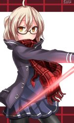 Rule 34 | 2017, ahoge, artoria pendragon (all), artoria pendragon (fate), blonde hair, commentary request, dated, fate/grand order, fate (series), glasses, hair between eyes, hebitsukai-san, highres, long sleeves, looking at viewer, miniskirt, mysterious heroine x (fate), mysterious heroine x alter (fate), mysterious heroine x alter (first ascension) (fate), pantyhose, plaid, plaid scarf, pleated skirt, saber (fate), scarf, school uniform, skirt, solo, yellow eyes