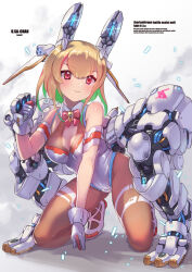 Rule 34 | 1girl, :3, bare shoulders, blonde hair, bodystocking, bow, bowtie, breasts, colored inner hair, commentary, detached collar, english text, full body, gloves, green hair, hair between eyes, highres, kneeling, leotard, light blush, looking at viewer, mecha musume, mechanical ears, mechanical legs, medium breasts, multicolored hair, original, red bow, red bowtie, red eyes, red hair, smile, solo, tadano magu, white leotard