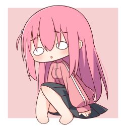 Rule 34 | 1girl, ass, barefoot, black skirt, blush, bocchi the rock!, breasts, cube hair ornament, full body, gotoh hitori, hair between eyes, hair ornament, hana kazari, highres, jacket, long hair, long sleeves, one side up, parted lips, pink hair, pink jacket, pleated skirt, skirt, small breasts, solo, track jacket, two-tone background, wide oval eyes