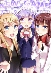 Rule 34 | 10s, 3girls, :d, bad id, bad pixiv id, black shirt, blonde hair, blue eyes, blue hair, blush, brown hair, copyright name, embarrassed, formal, gradient background, hair ornament, hand on own chest, highres, long hair, long sleeves, looking at viewer, multiple girls, new game!, open mouth, purple eyes, satomi nori, shirt, short hair, sidelocks, skirt, skirt suit, smile, suit, suzukaze aoba, takimoto hifumi, twintails, yagami kou