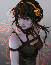 Rule 34 | 1girl, bare shoulders, black dress, black hair, breasts, cleavage, dress, earrings, flower, gold earrings, gold hairband, hair flower, hair ornament, hairband, highres, jewelry, large breasts, long hair, red eyes, reveryeen, sidelocks, solo, spy x family, two-sided dress, two-sided fabric, yor briar